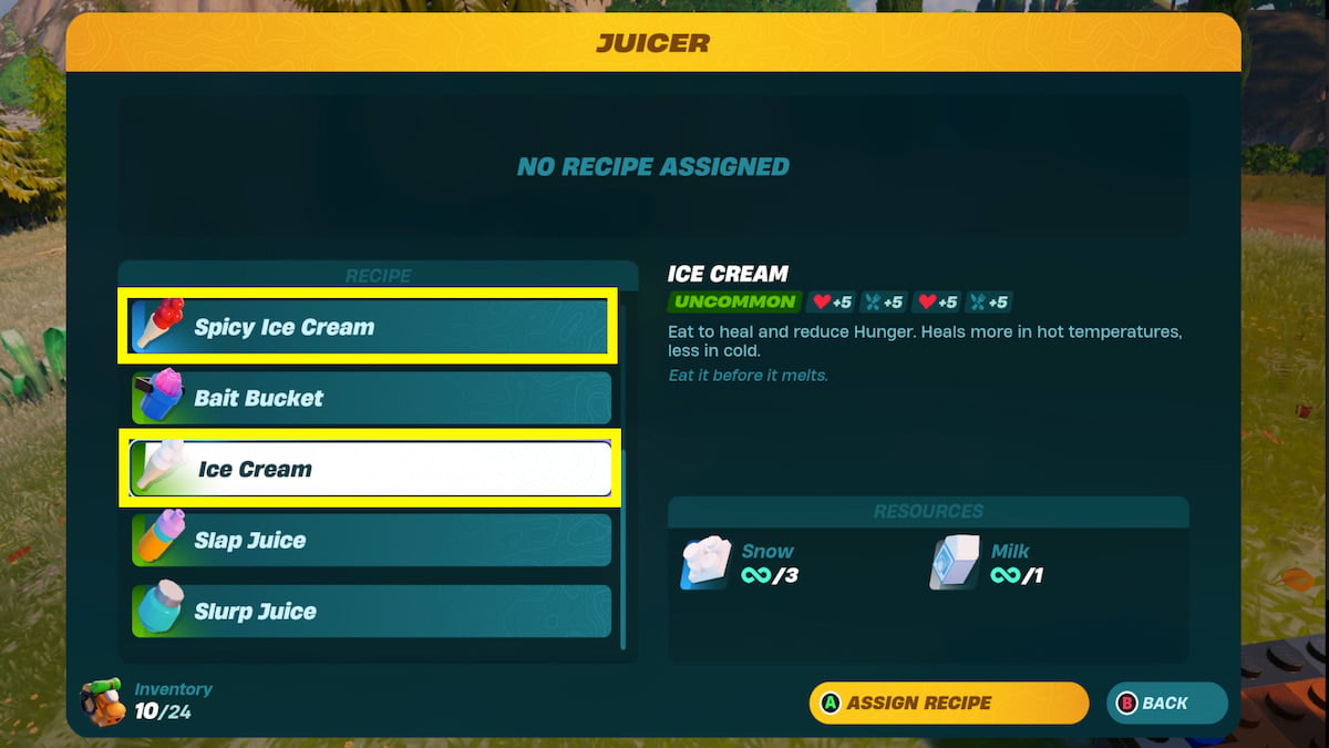 Juicer crafting menu with ice cream recipes circled in yellow and required ingredients shown on the right