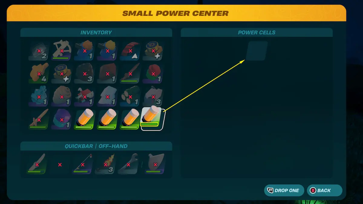 Power Center menu with empty slot to transfer a Power Cell to and green meter on Power Cell indicating charge