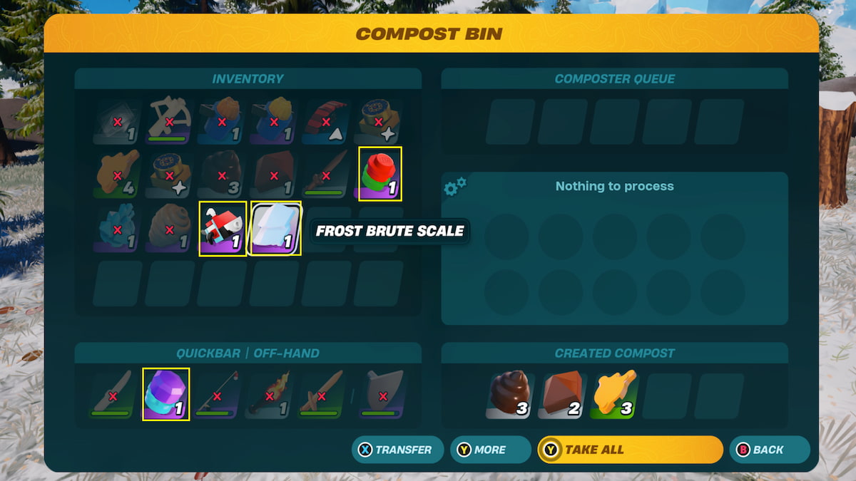 Items that can be used for compost in inventory, highlighted and circled in yellow