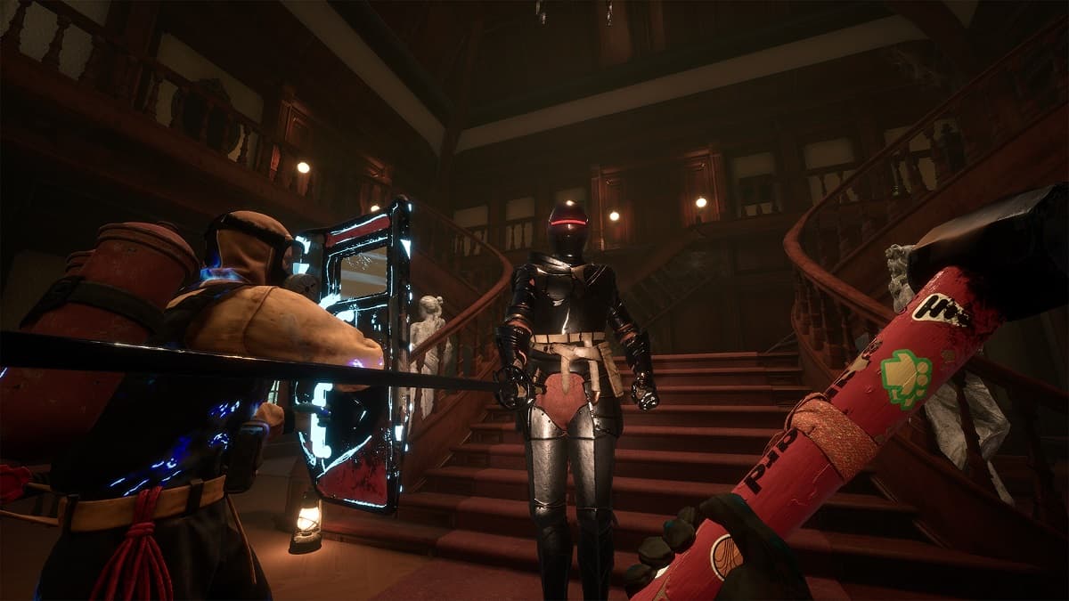 Hunters being attacked by a suit of armor on the Mansion map in Midnight Ghost Hunt