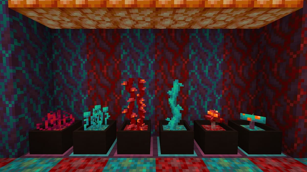 Row of plants growing in pots from the Botany Pots Minecraft mod