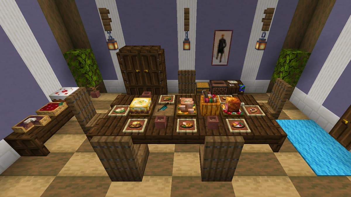 Dining table full of food from the Farmer's Delight Minecraft mod