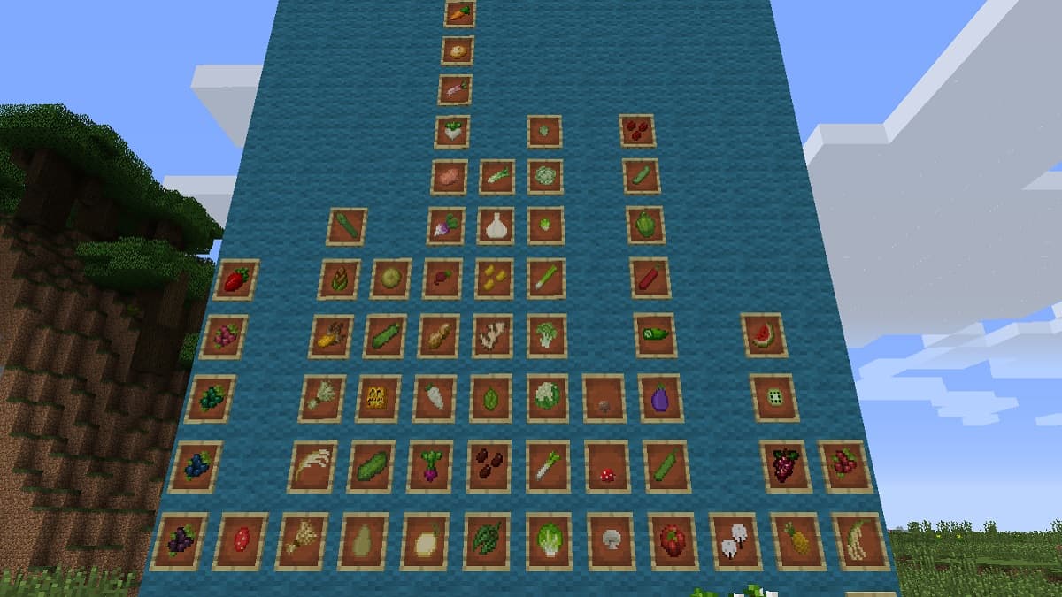 Crop signs on a wall from the Pam's HarvestCraft Minecraft mod