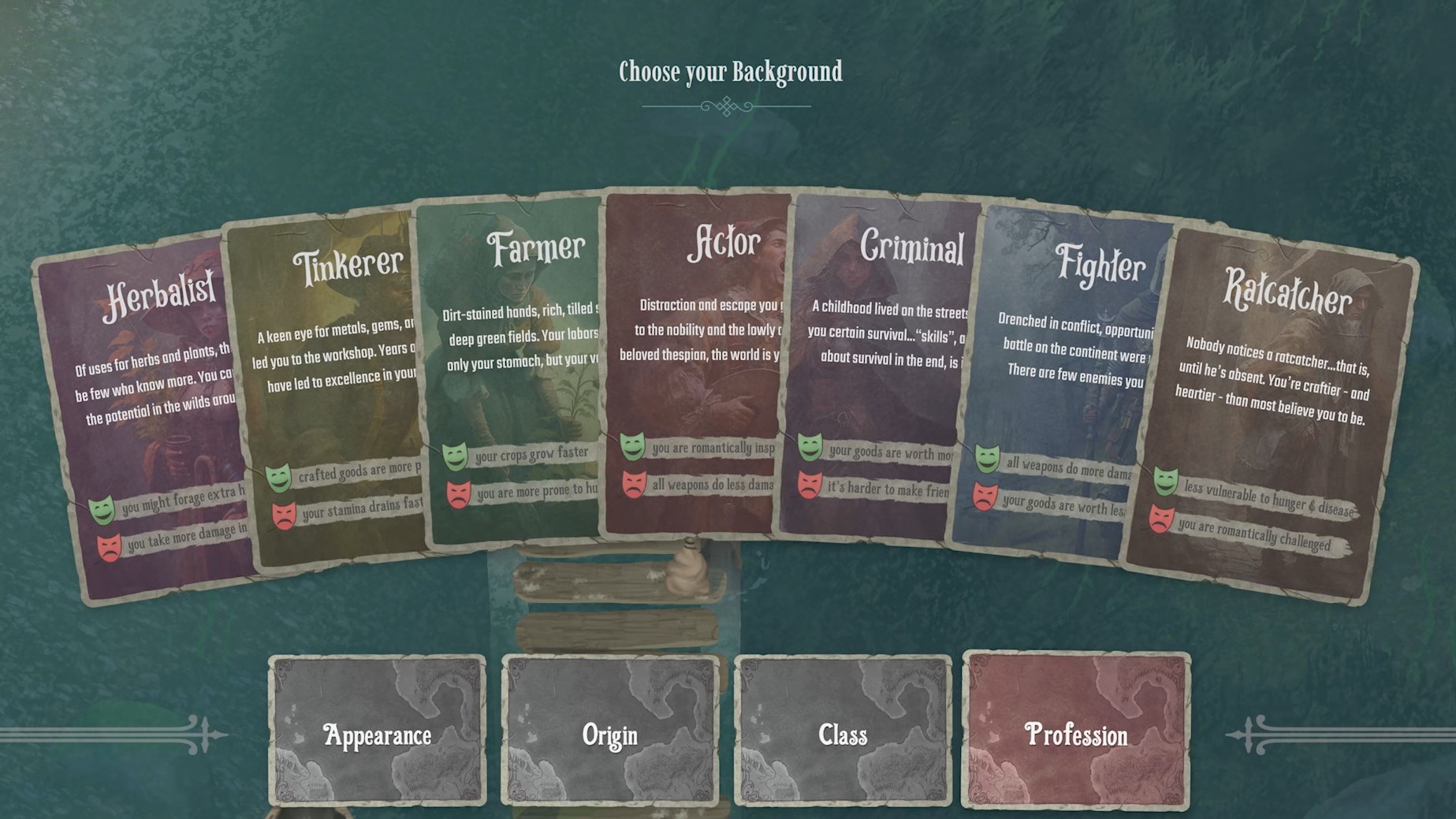 All character backgrounds displayed on cards in Mirthwood