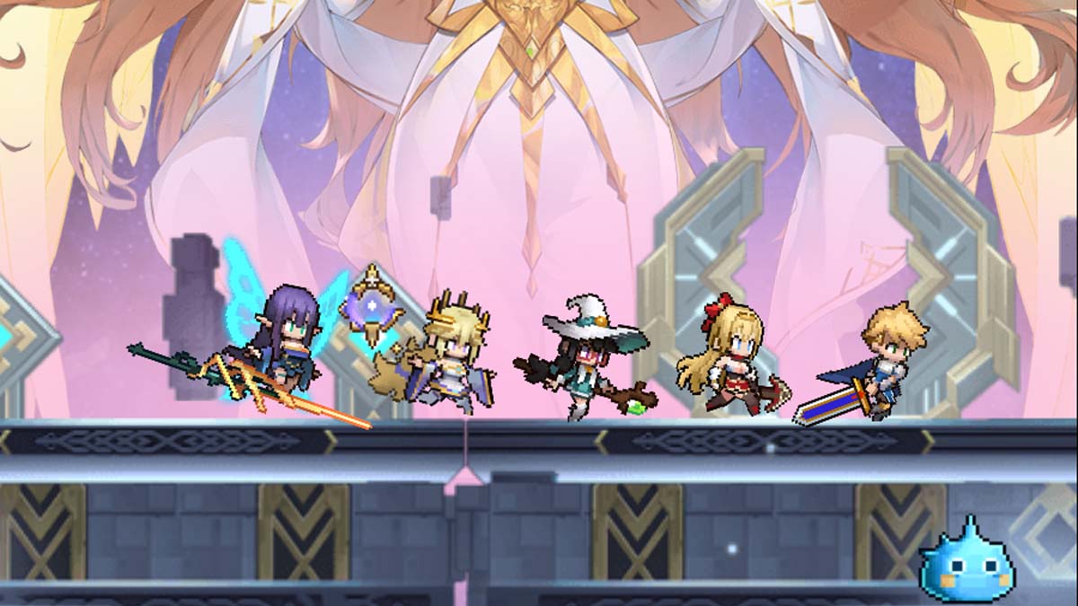 Pixel Heroes characters walk along the starting screen