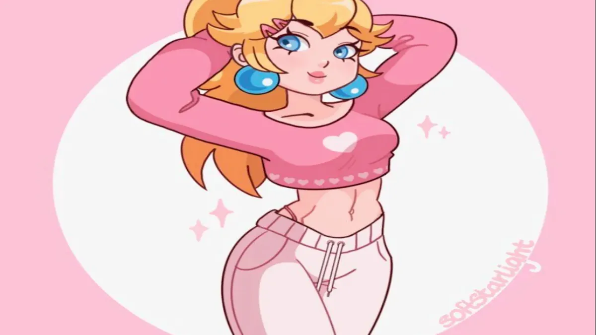 Art of Princess peach  with ponytail and in pink cropped shirt and pink sweatpants