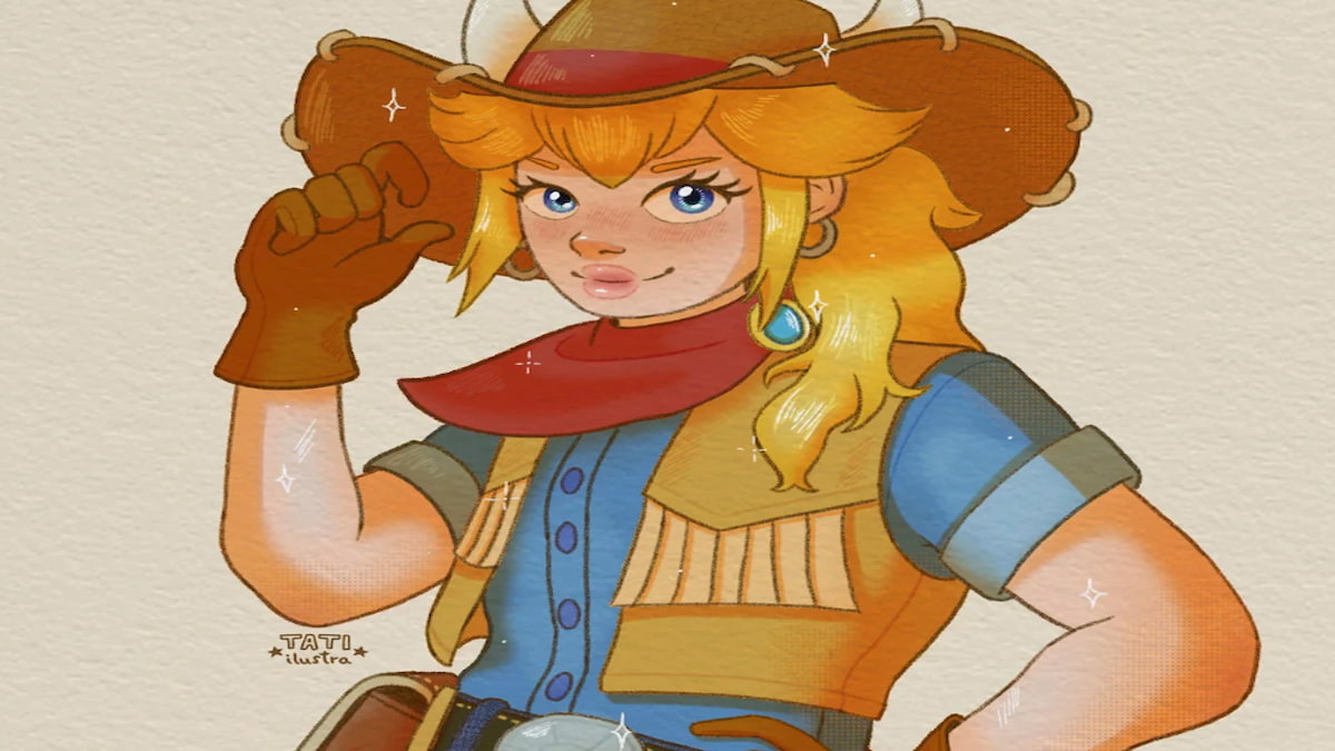 Art of Princess Peach in cowgirl outfit with horns on her hat and white sparkles scattered around her