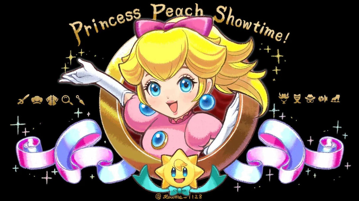 Art of Princess Peach in a title screen with banners and star under her and title of the game above
