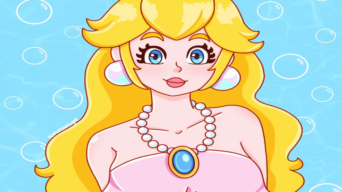 Art of Princess peach in pastel pinks and blues on a watery background with bubbles