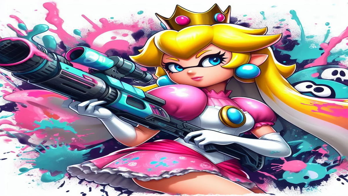 Art of Princess Peach as a Splatoon character, paint splatter behind her and holding a paint gun in her hands