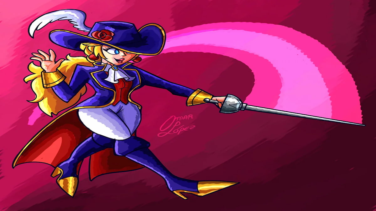 Peach in muskateer hat and fencing costume swinging a sword with a pink arch following the trajectory