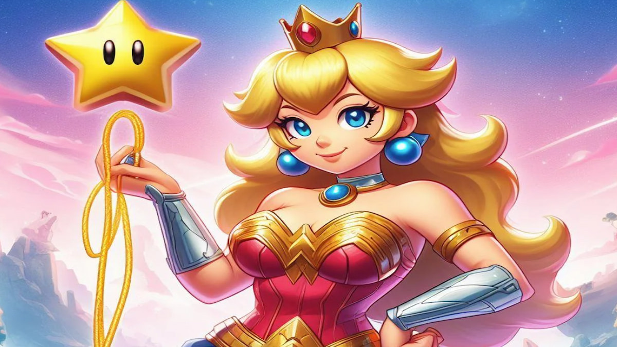 Art of Princess Peach in Wonder Woman dress with whip and shield