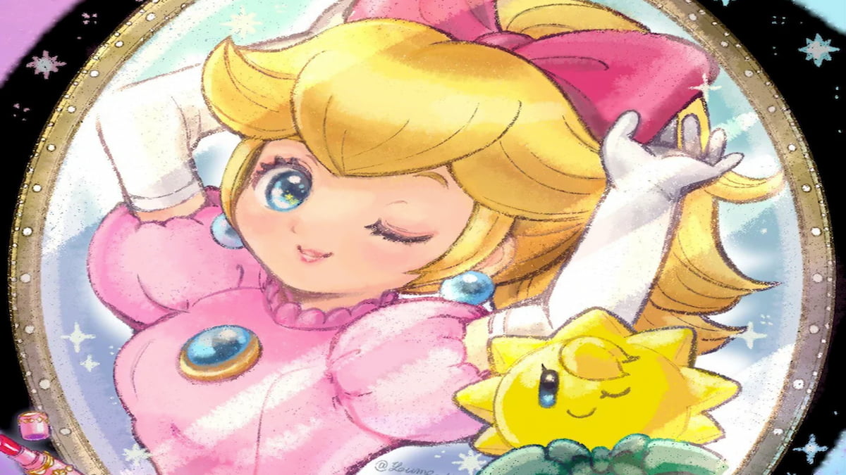 Art of Princess Peach looking in mirror  and winking with cute star creatures with her. 