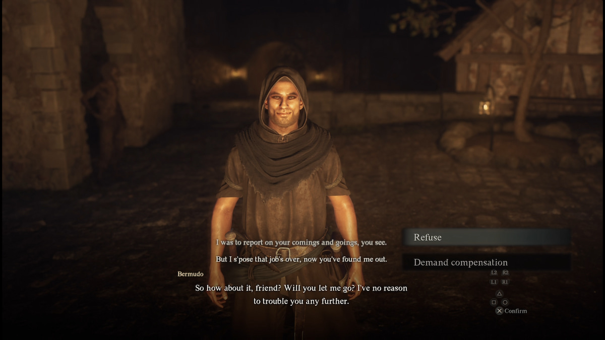 bermudo the cloaked spy in dragon's dogma 2 talking to the player