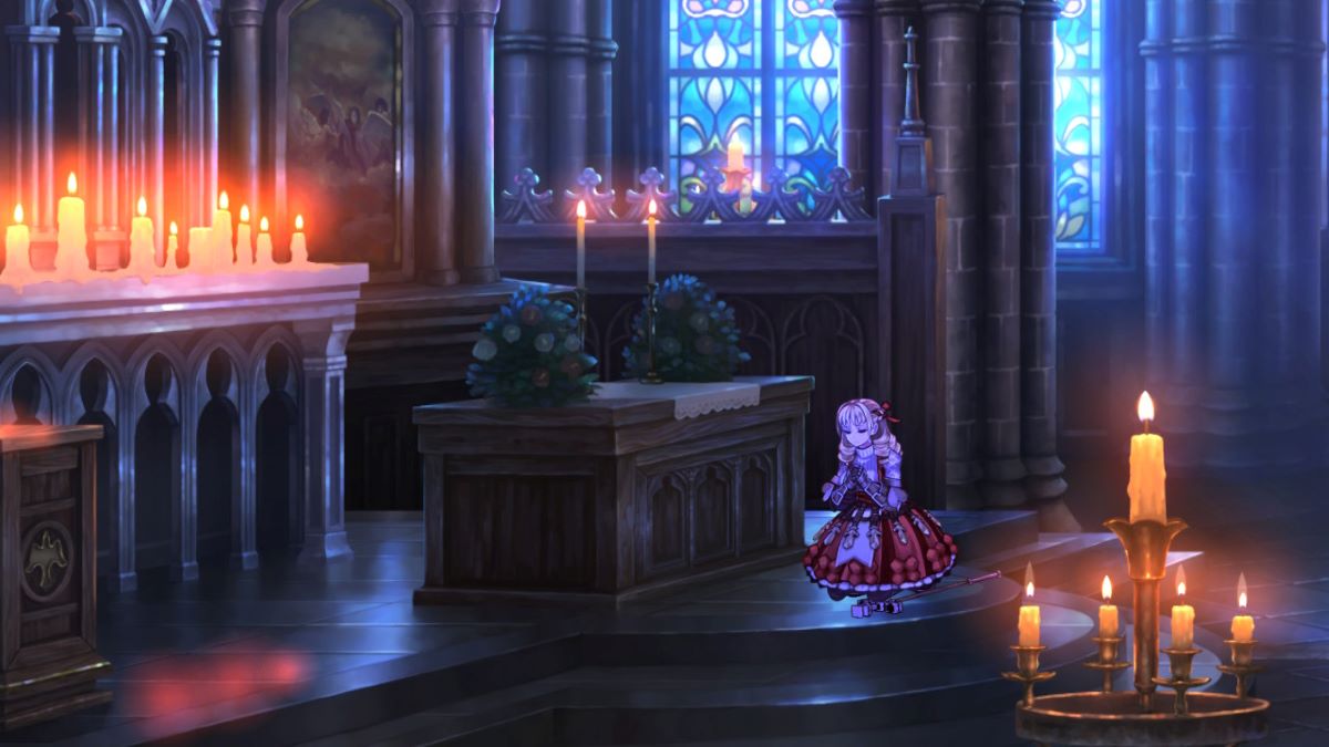 Scarlett kneels at a church altar in Unicorn Overlord