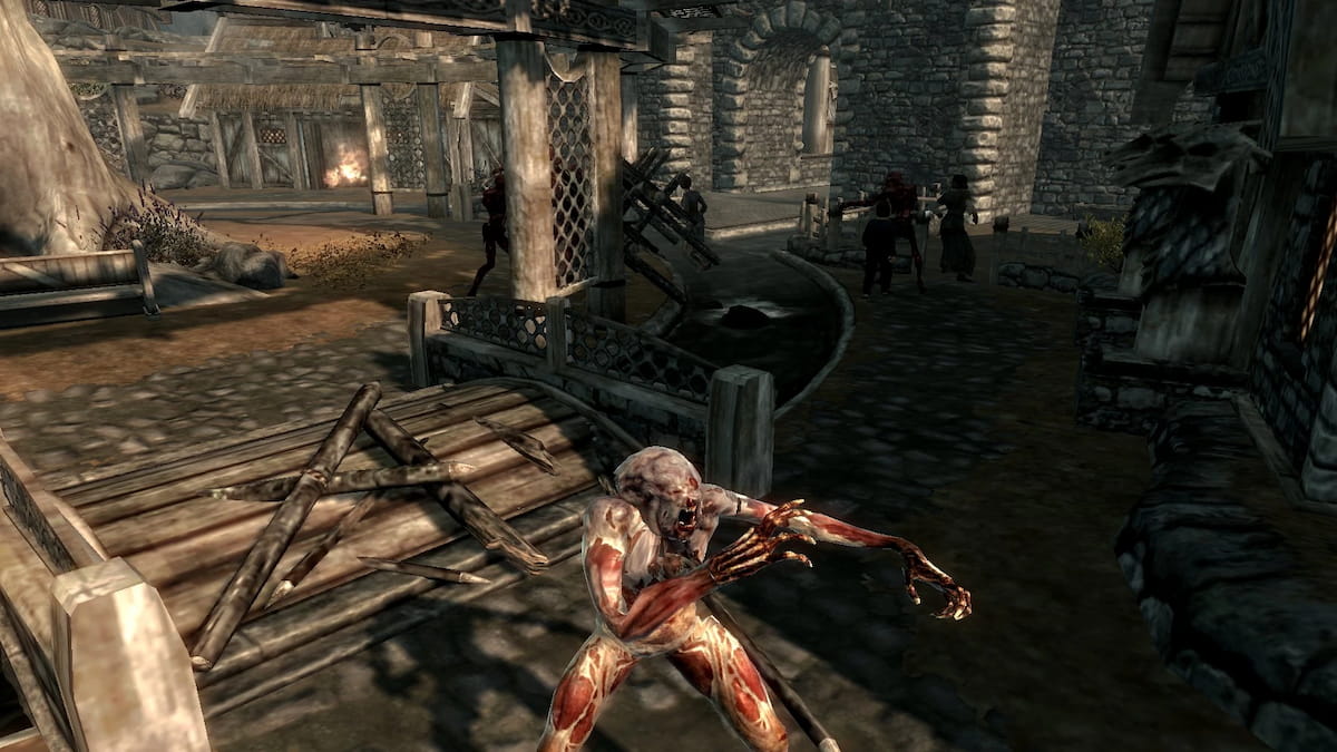 Player turning into a zombie creature and other zombies in the background overtaking Whiterun