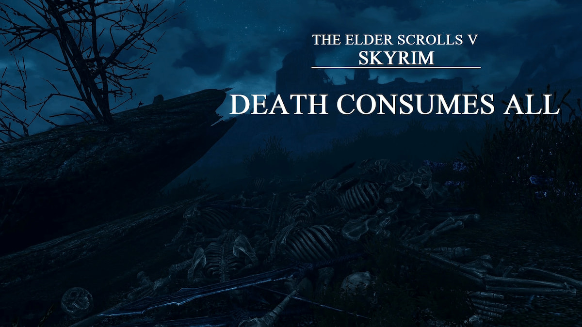 Title screen of a dark landscape and bones piled on the ground with the title of the mod on the screen