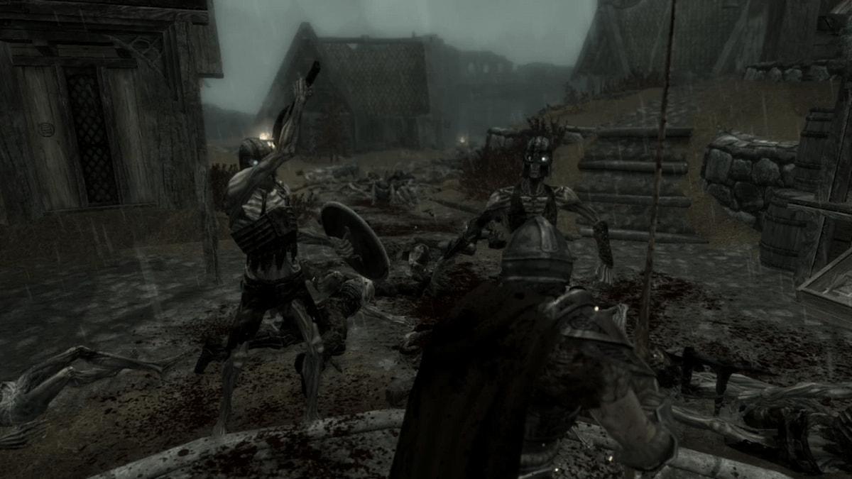 Player in armor carrying a sword, fighting off two draugr