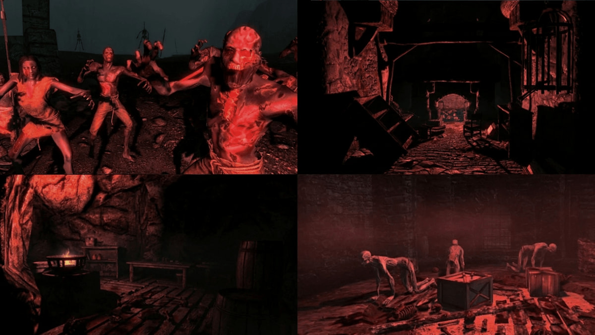 Picture collage of zombies and other creatures in a red filter