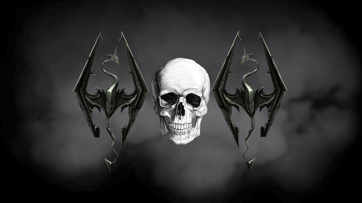 Gray smoke background with two skyrim dragon symbols and a skull in between