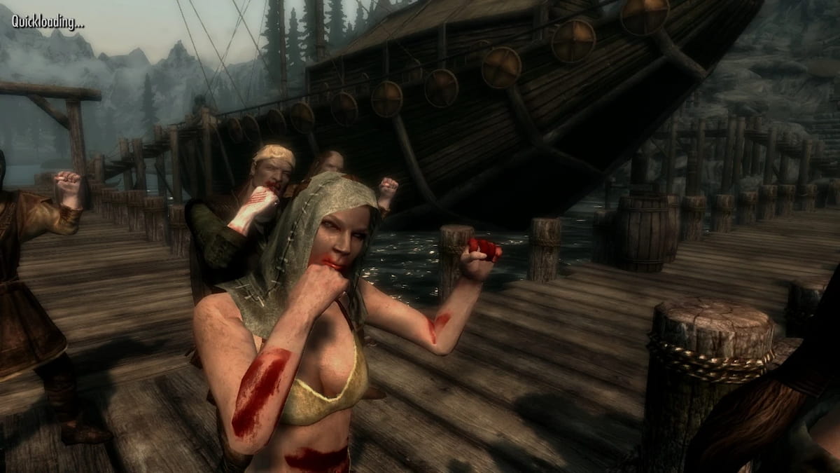Woman zombie with fists up on a dock