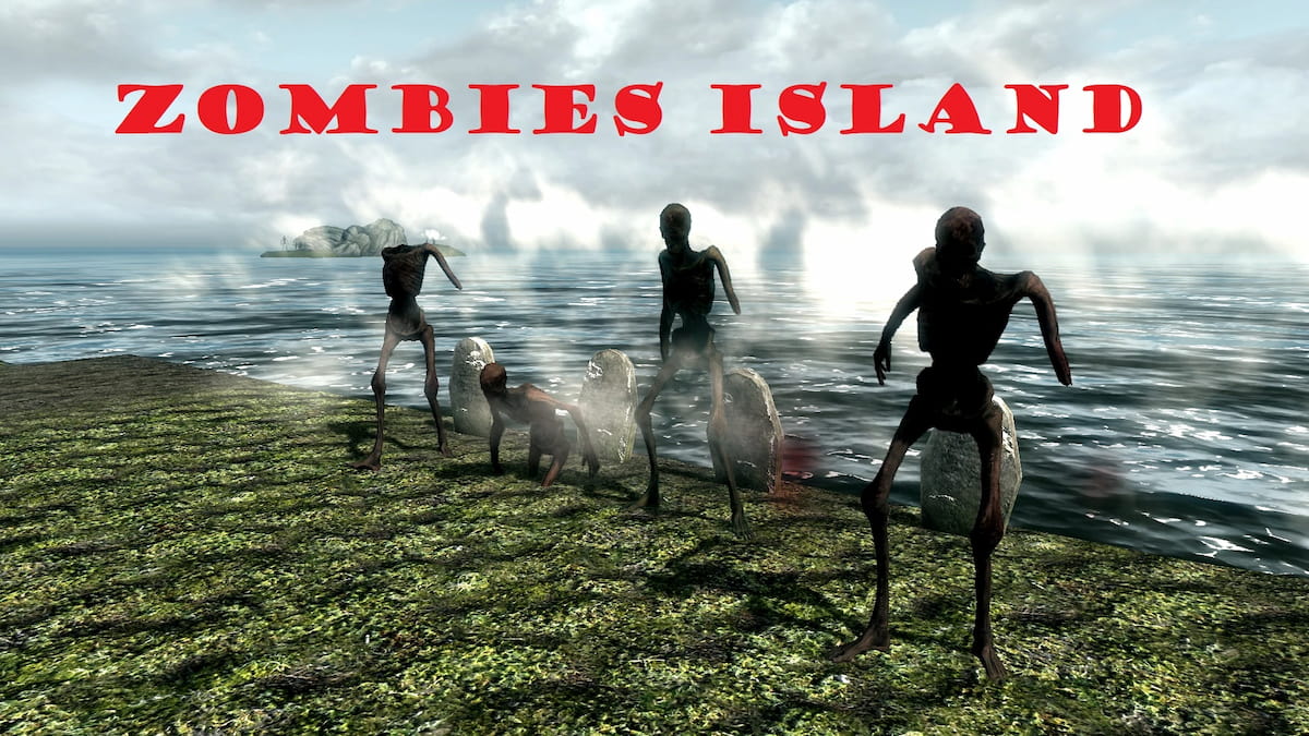 zombies on an island with water in background, zombies island text in red
