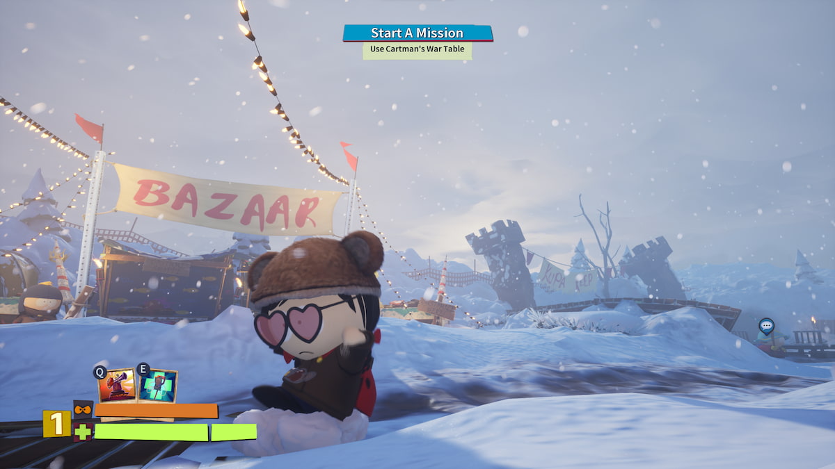 Character in a bear hat and sunglasses performing a dance emote in front of the Bazaar shop in the lobby