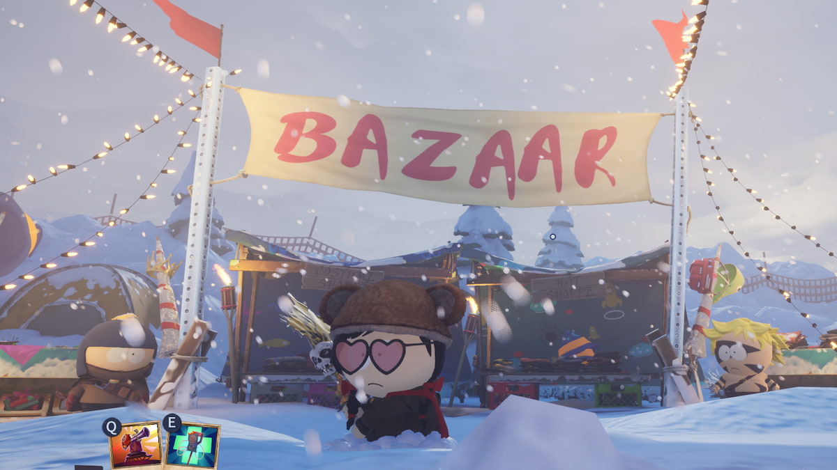 Character with bear ears hat and heart sunglasses standing in front of the Bazaar shop with banner overhead.