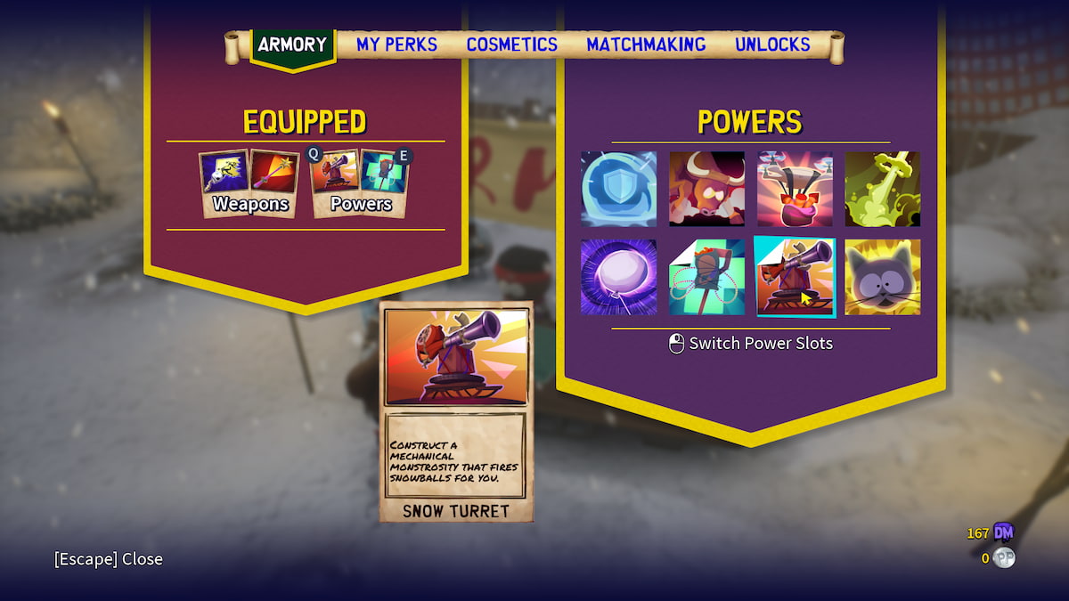 Powers menu with all power options on the right and Snow Turret card at the bottom. Snow Turret has a lage cannon in the middle of a red background