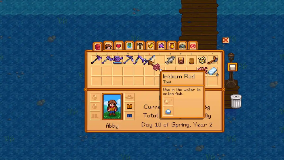 Player inventory menu, hovering over the fishing rod with an empty slot for bait. Moving bait over to the slot with cursor