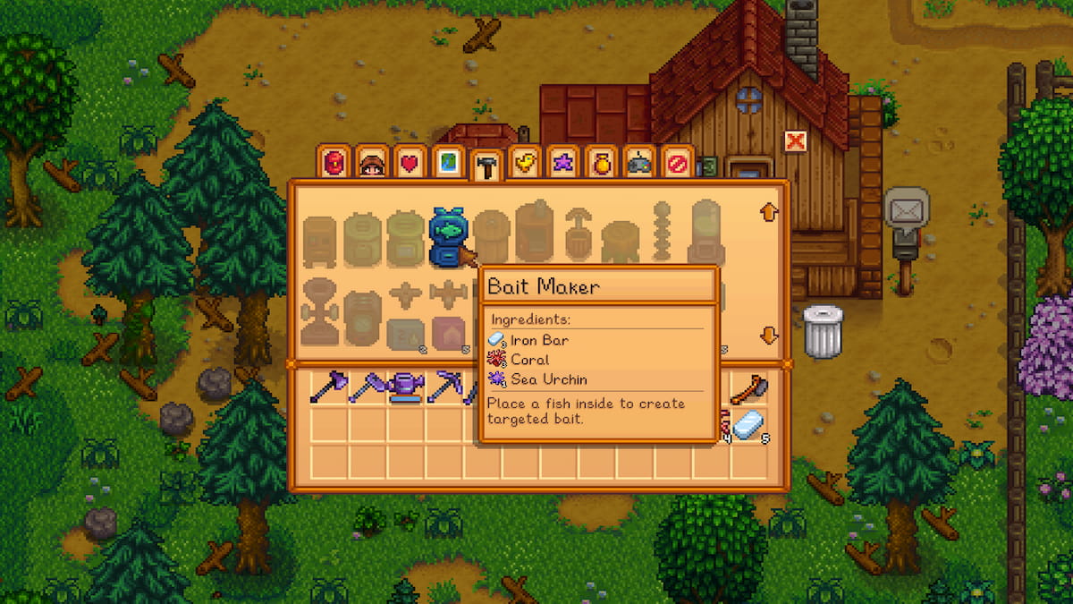 Crafting Menu with Bait Maker selected and required ingredients shown in pop up window