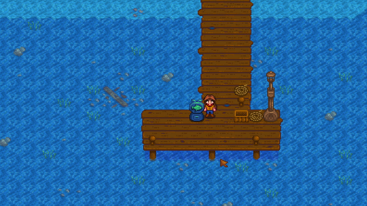 Player standing on dock near the Bait Maker machine