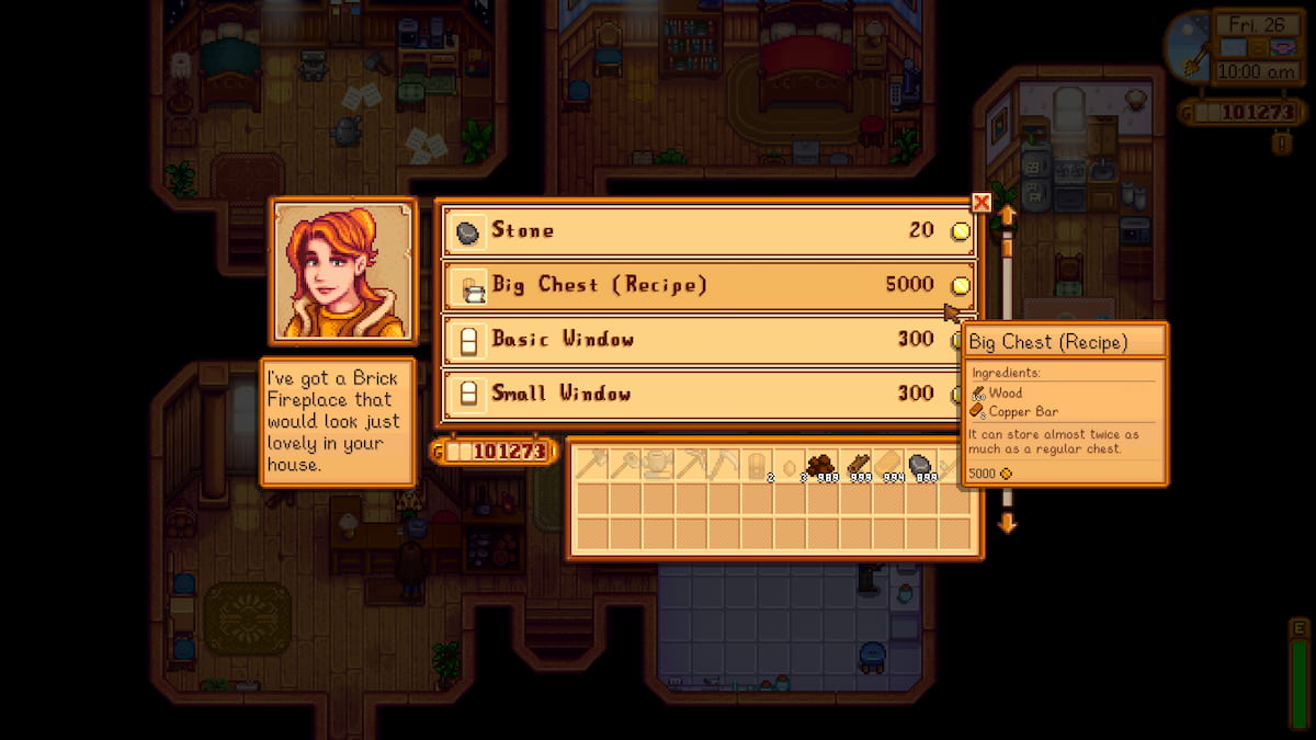 Robin's Carpenter store, list of items for sale, cursor hovering over Big Chest Recipe, costing 5,000 Gold