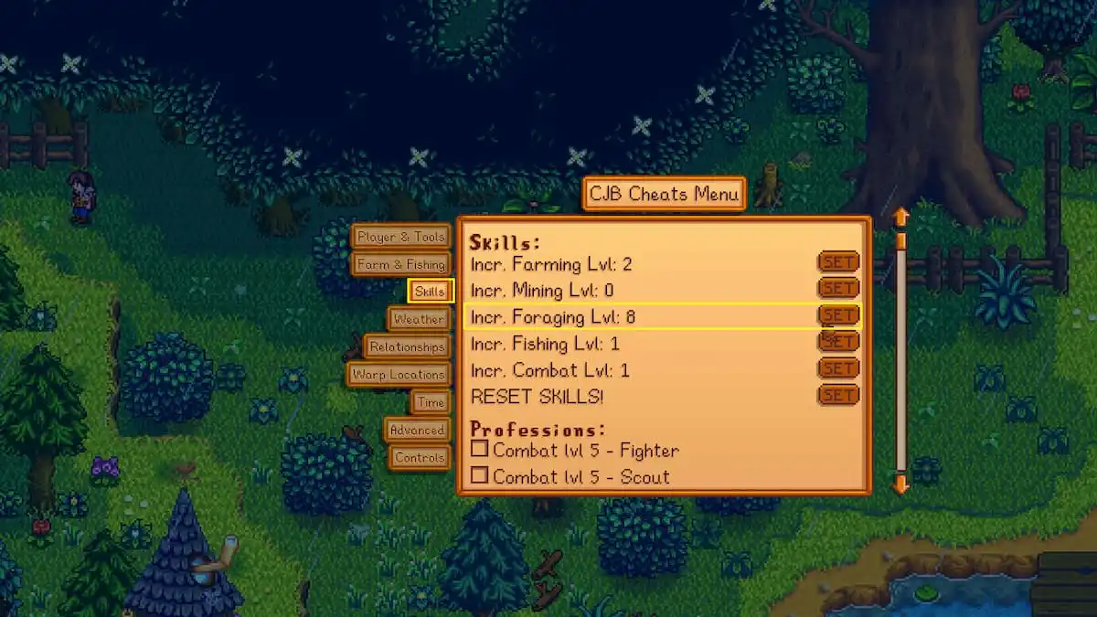 Cheat menu from mod with list of skills to set up higher, foraging is circled in yellow