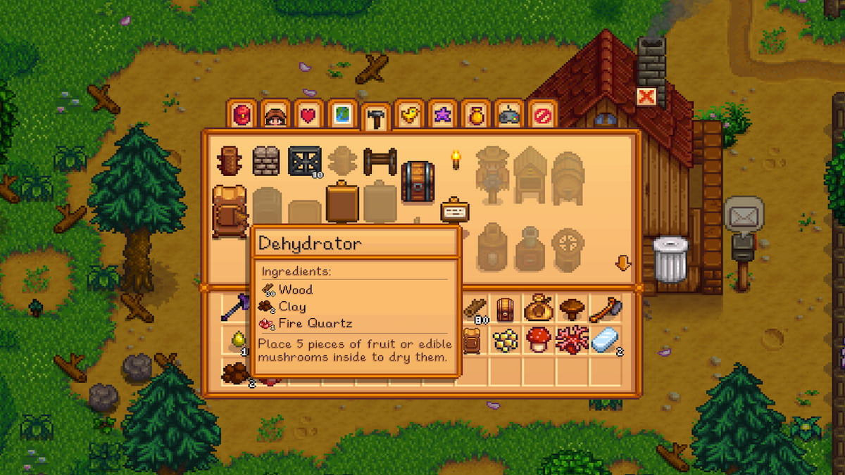 Crafting menu with Dehydrator selected and required ingredients shown under it 