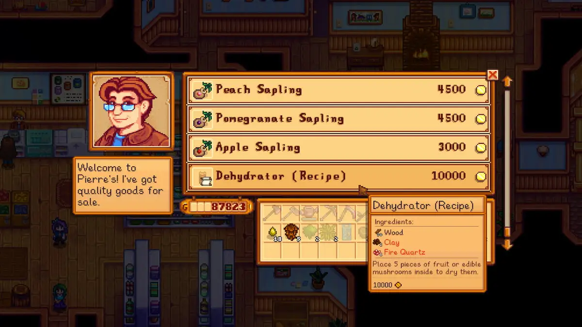 Pierre's General Store menu with option to purchase Dehydrator crafting recipe for 10,000 gold