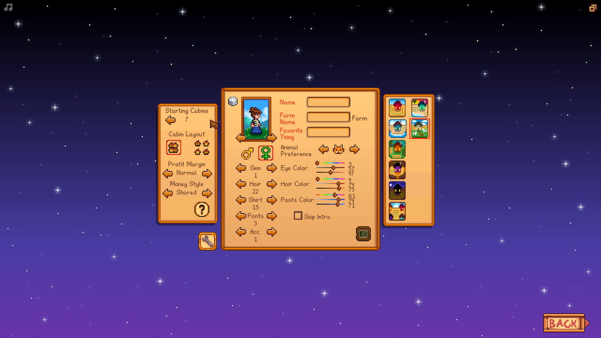 Host farm menu with character creation and options for 7 starting cabins 