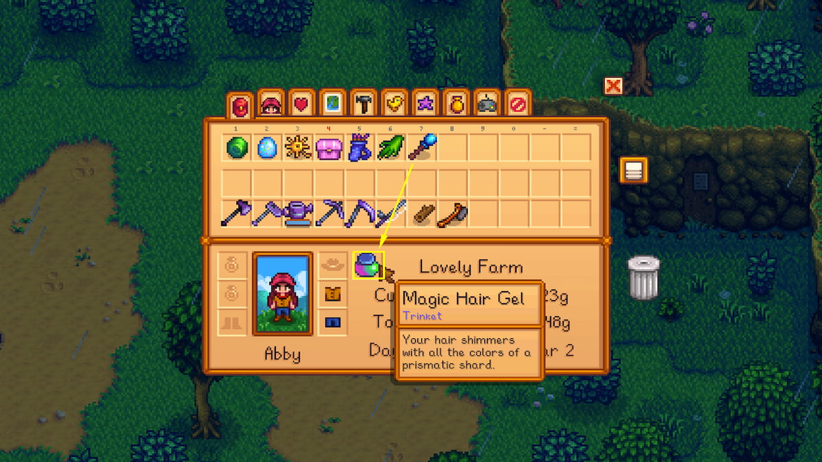 Inventory menu with an arrow from trinkets to trinket slot, marked by a star next to your hat slot