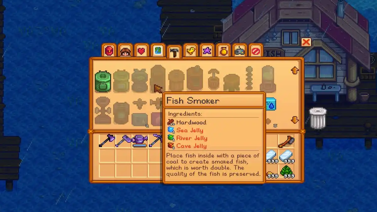 Crafting menu with recipe for Fish Smoker opened up 