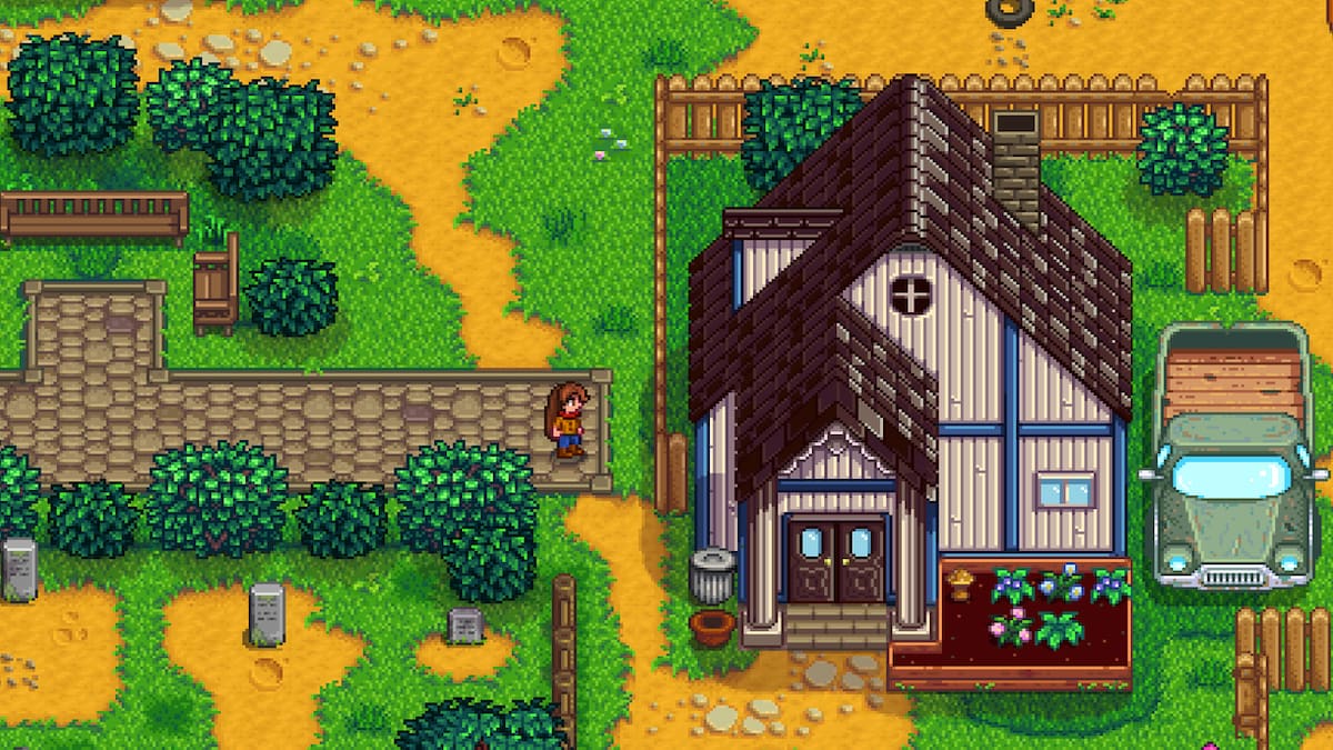 Mayor Lewis house in Stardew Valley, blue and beige house with truck beside it
