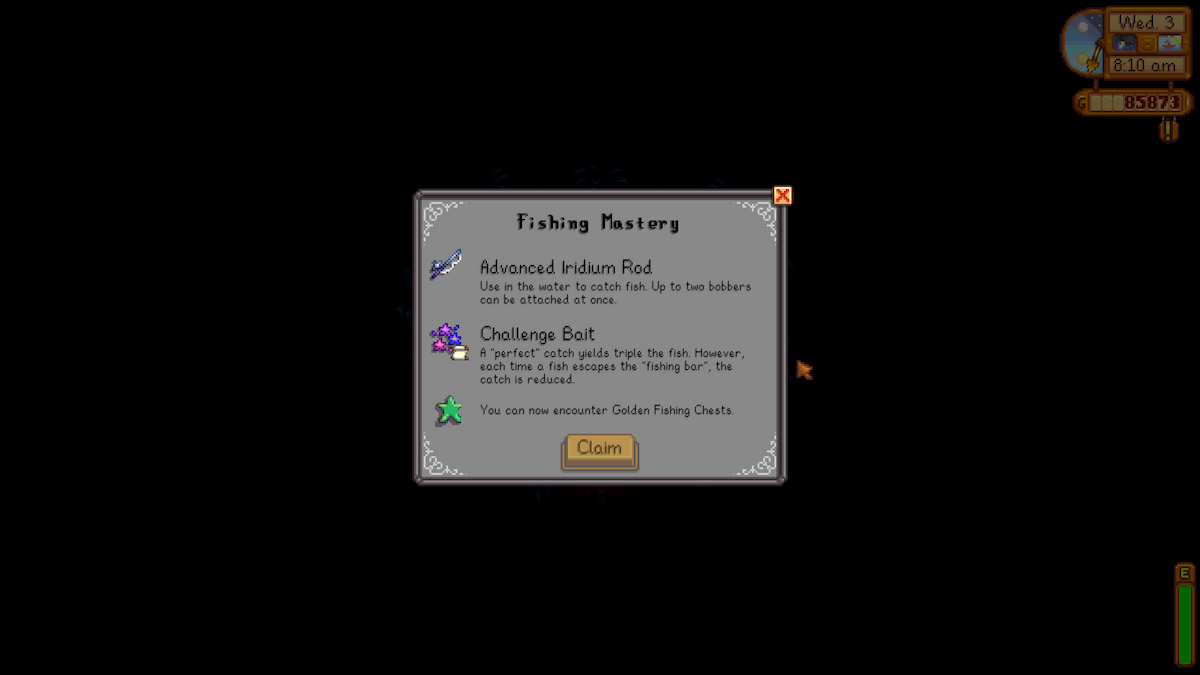 Mastery reward menu with option to claim