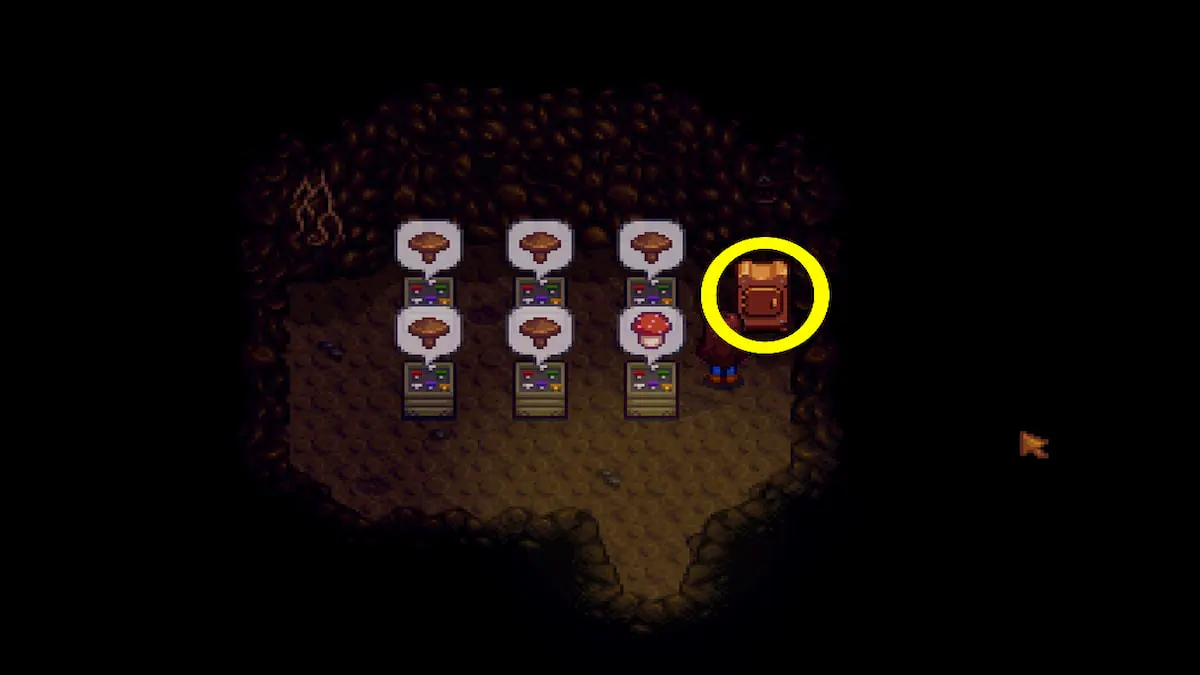 Mushroom cave with boxes of grown mushrooms and dehydrator in upper right corner circled in yellow