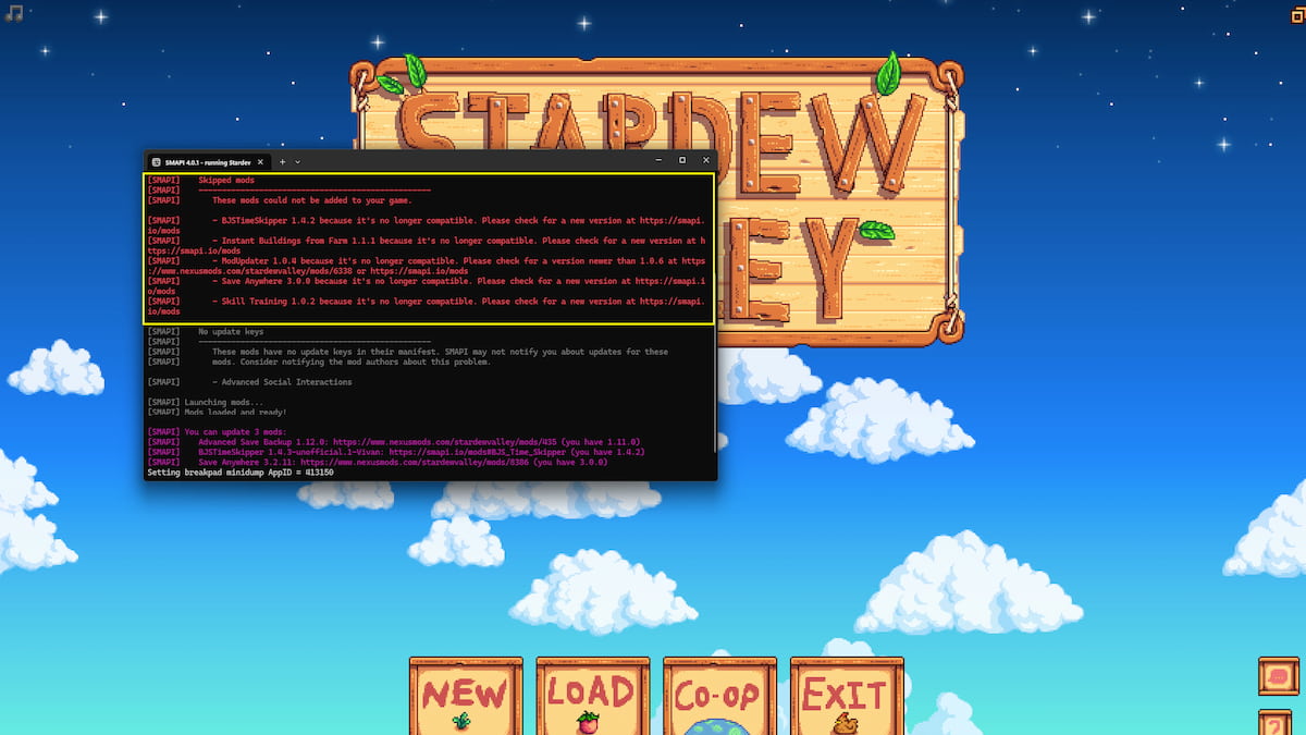 Stardew Valley main menu with SMAPI black control panel box over top of it. In the box there is a list of skipped mods in red text stating they not compaitible