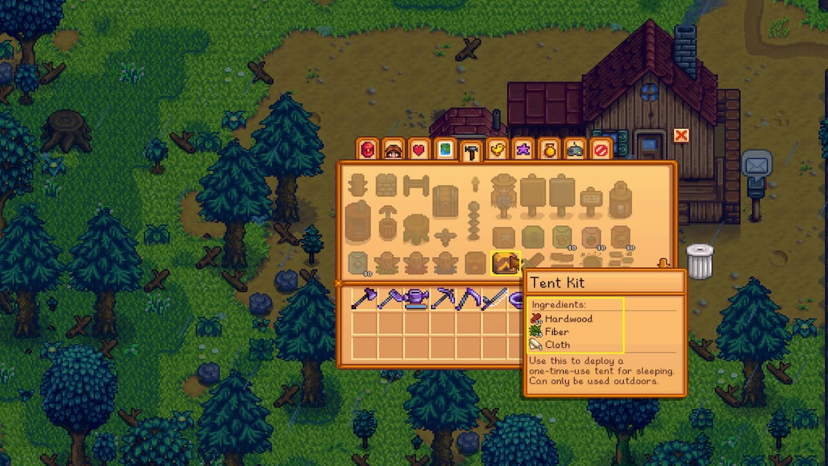 Crafting menu with Tent Kit circled in yellow and list of ingredients required to make it