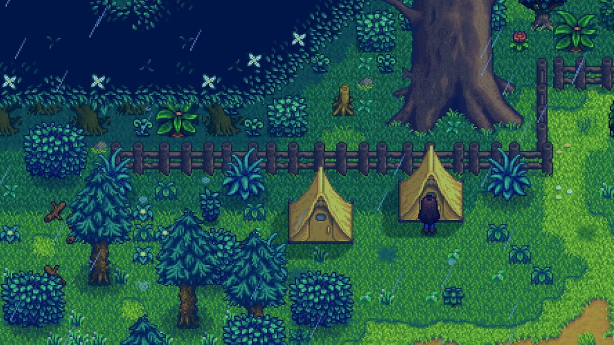 Two tent kits placed down outside, player interacting with one of them
