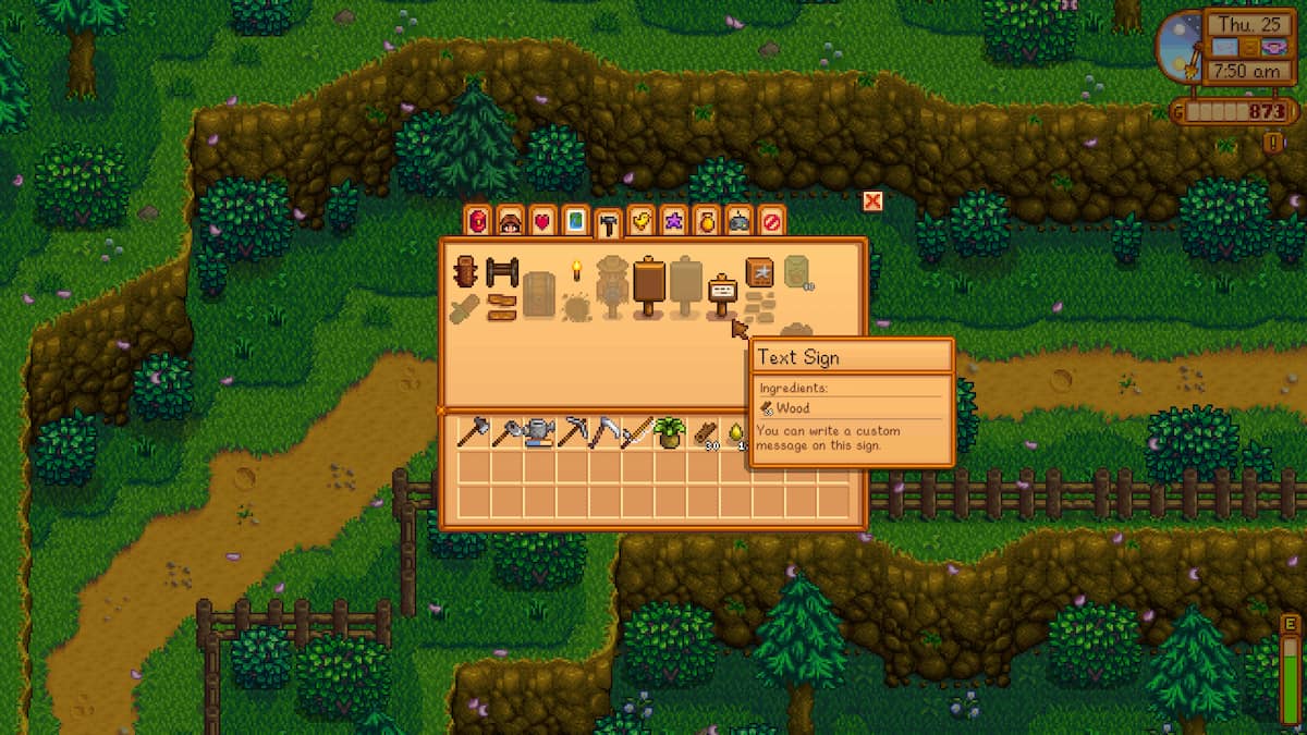 Crafting menu with option to craft Text Signs for 25 wood