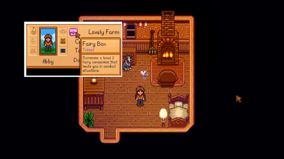 Meadowlands farmhouse with player with a summoned fairy beside them, pop up image beside it of player equipped trinket of the fairy box