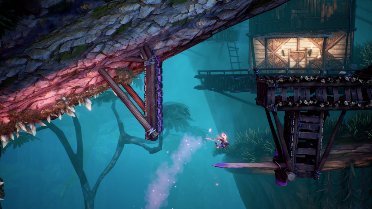 A screenshot of the main character jumping to a ledge in Tales of Kenzera: Zau