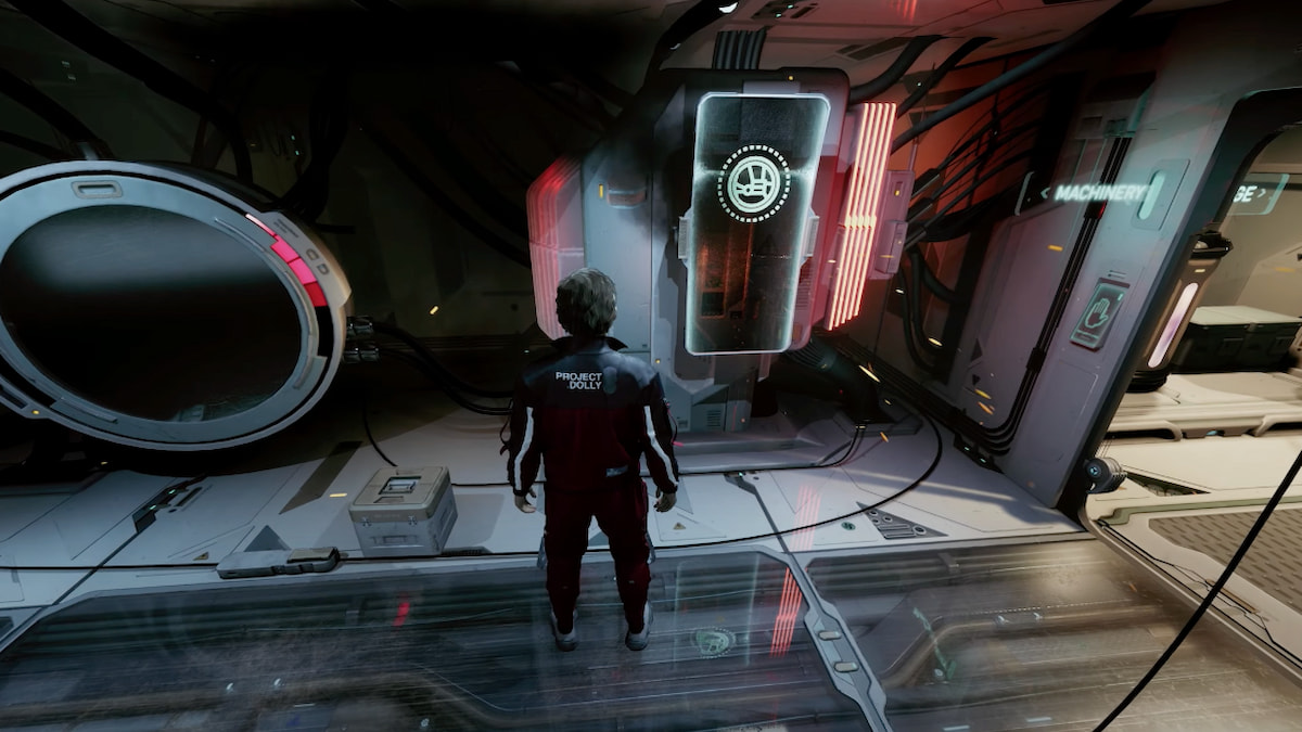 A screenshot from Alters showing the main character stood in front of a doorway leading to the machinery section of their base