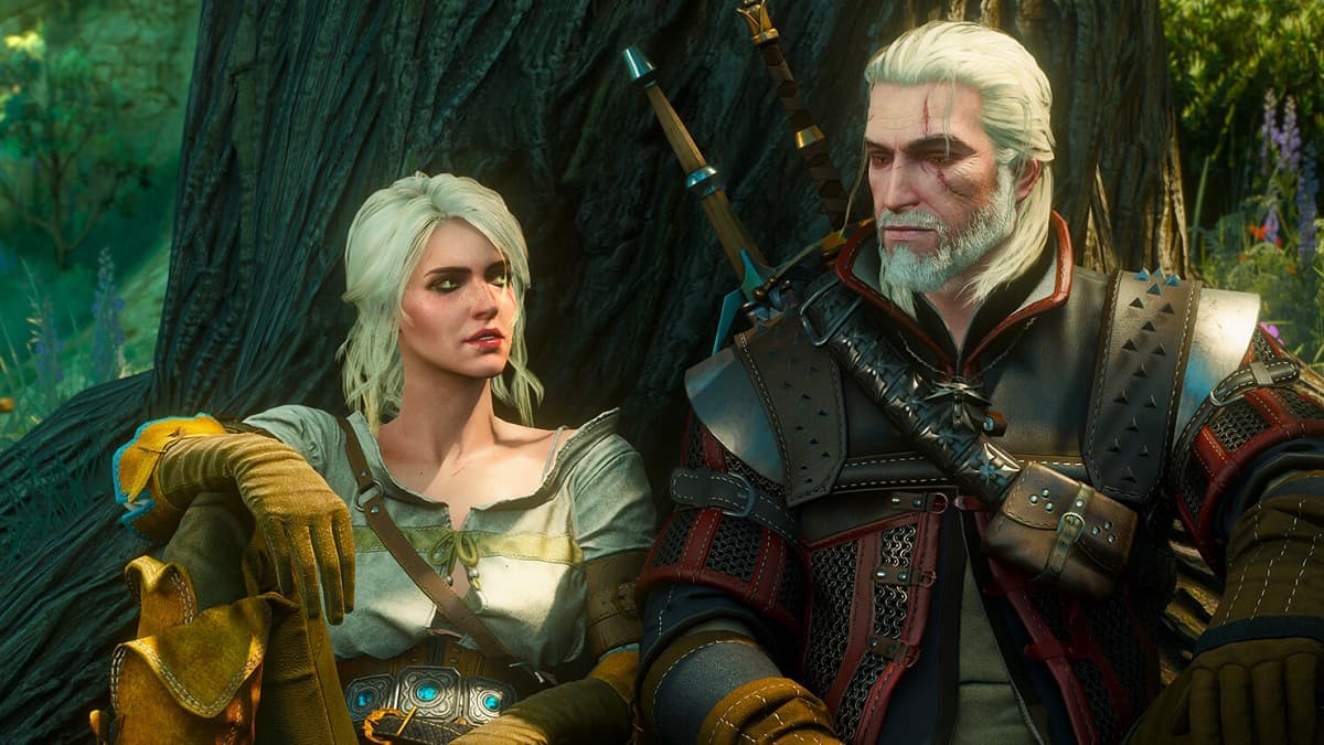 Ciri and Geralt sitting against a tree